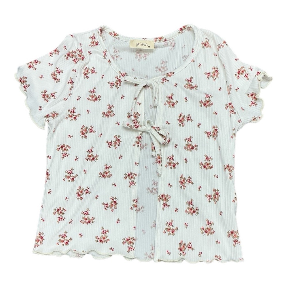 pinc - EC - White Floral Front Tie Cropped Top